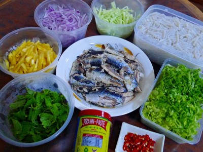 Ingredients for Laksa: Mint leaves, pineapple, onion, cucumber, noodles, lettuce, tuna fish, chilli and prawn paste